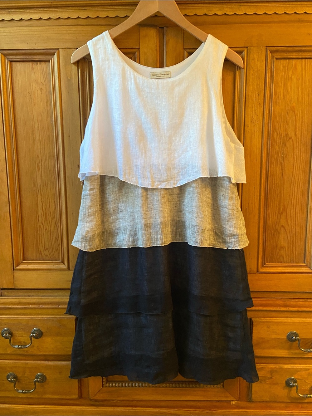 Made in Italy~LINEN Size L (12/14) Sleeveless Midi Dress White, Natural, Black